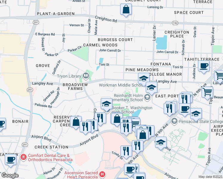 map of restaurants, bars, coffee shops, grocery stores, and more near 1355 Pinnacle Drive in Pensacola