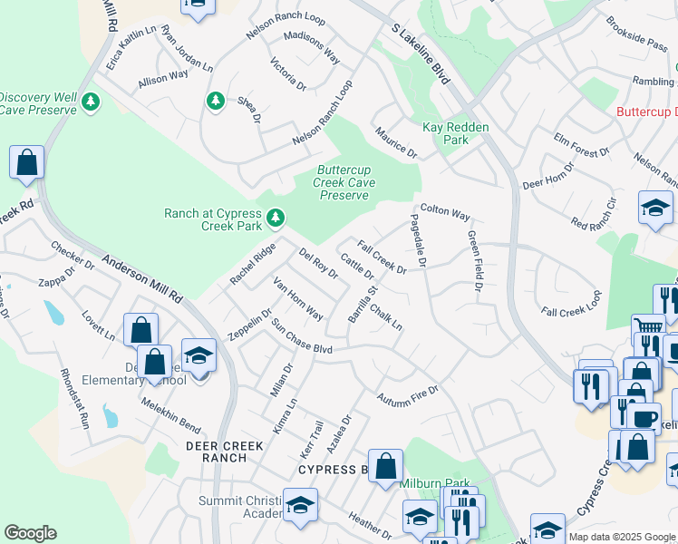 map of restaurants, bars, coffee shops, grocery stores, and more near 1202 Del Roy Drive in Cedar Park