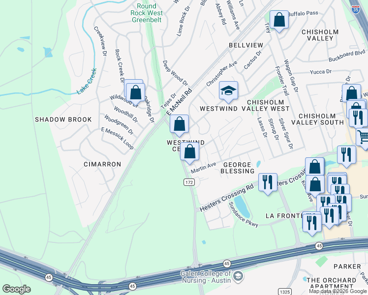 map of restaurants, bars, coffee shops, grocery stores, and more near 2401 County Road 172 in Round Rock