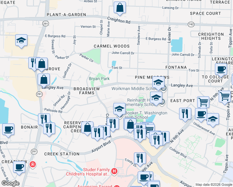 map of restaurants, bars, coffee shops, grocery stores, and more near 1205 Pinnacle Circle in Pensacola