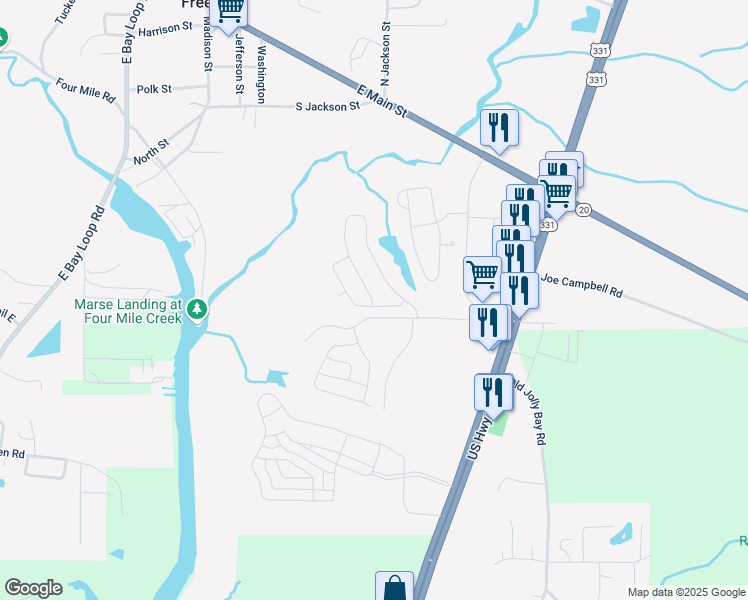 map of restaurants, bars, coffee shops, grocery stores, and more near 823 Marquis Way in Freeport