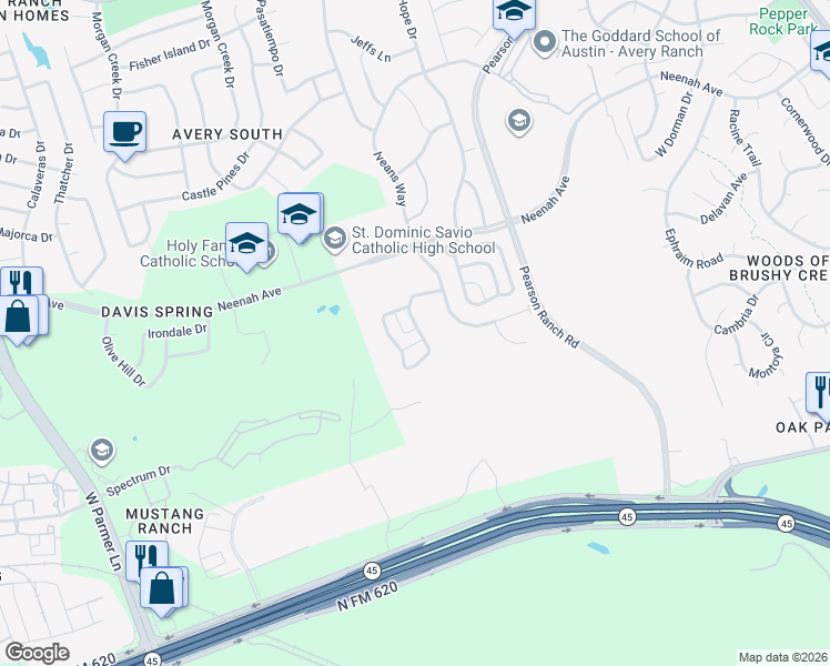 map of restaurants, bars, coffee shops, grocery stores, and more near 9306 McKnight Loop in Austin