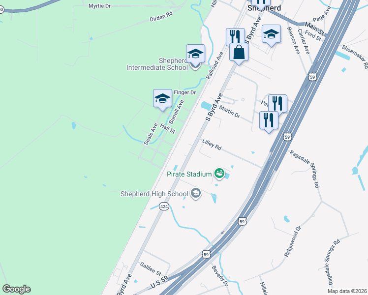 map of restaurants, bars, coffee shops, grocery stores, and more near 2050 South Byrd Avenue in Shepherd