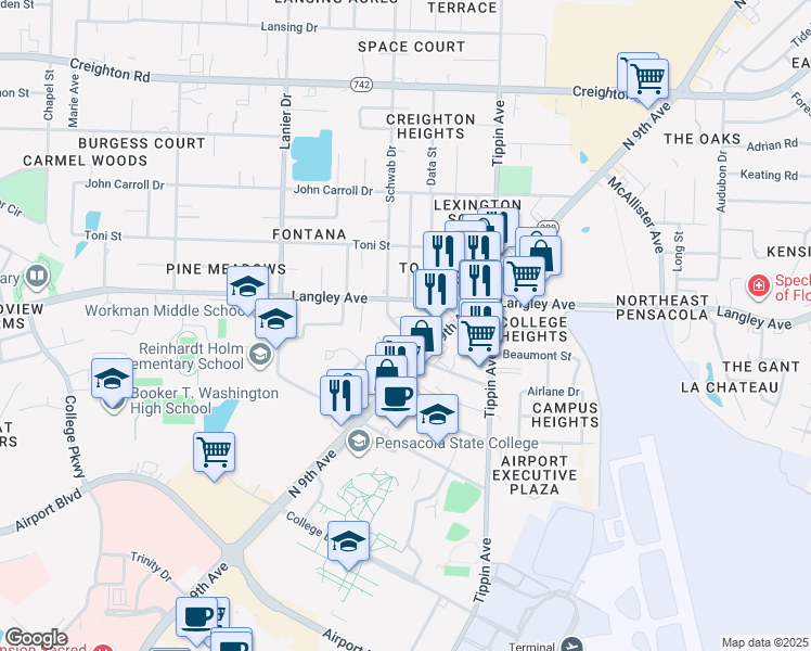 map of restaurants, bars, coffee shops, grocery stores, and more near 6221 Schwab Drive in Pensacola