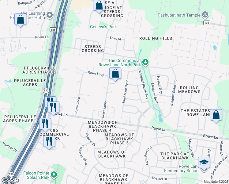map of restaurants, bars, coffee shops, grocery stores, and more near 18 Rowe Lane in Pflugerville