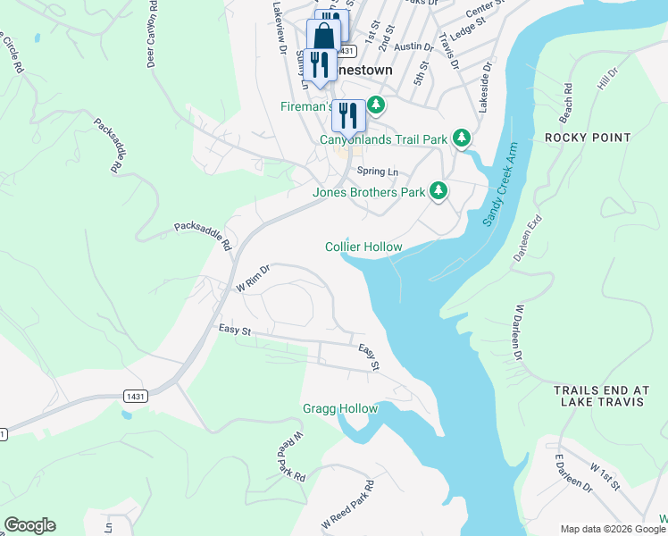 map of restaurants, bars, coffee shops, grocery stores, and more near 18408 West Rim Drive in Jonestown