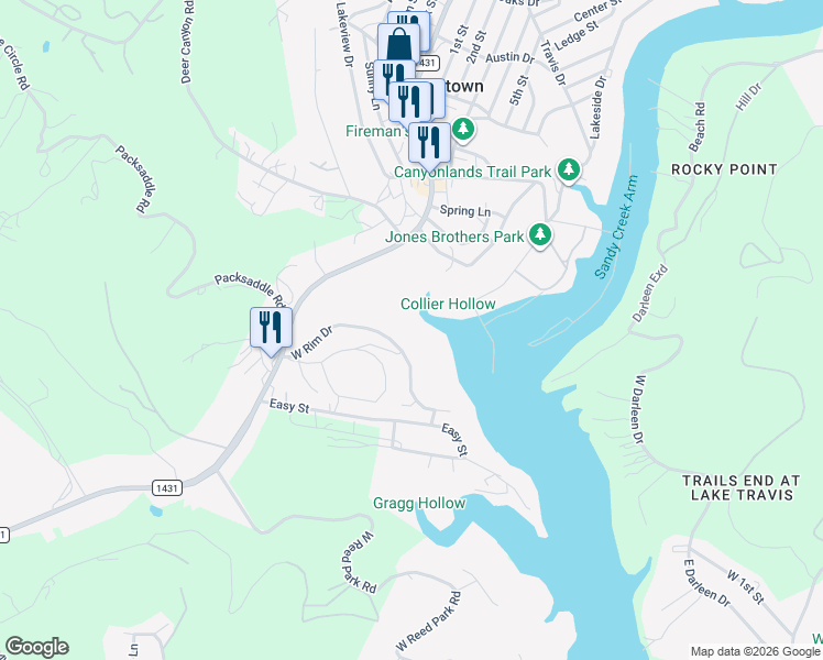 map of restaurants, bars, coffee shops, grocery stores, and more near 18408 West Rim Drive in Jonestown