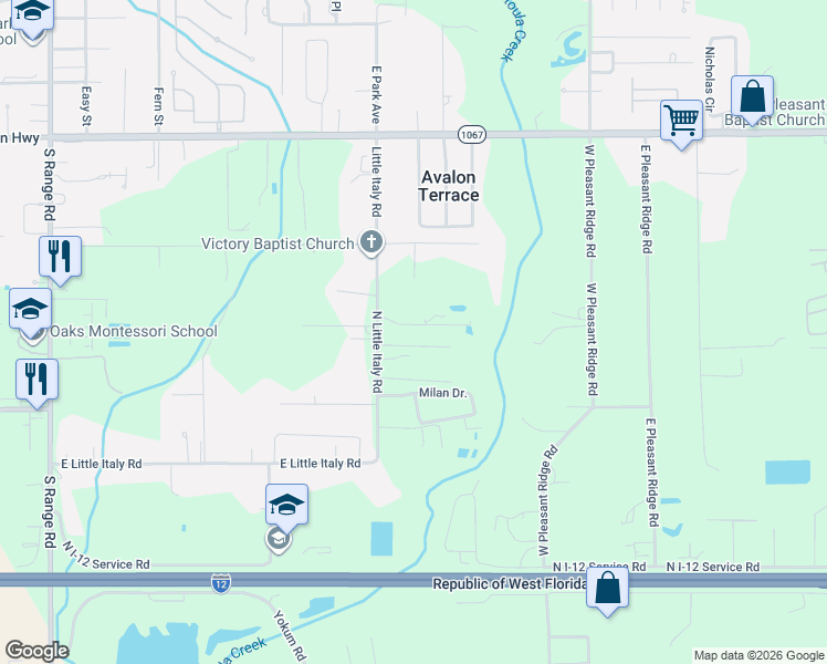 map of restaurants, bars, coffee shops, grocery stores, and more near 17462 Genre Lane in Hammond