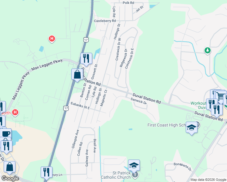 map of restaurants, bars, coffee shops, grocery stores, and more near 13791 Sanwick Court in Jacksonville