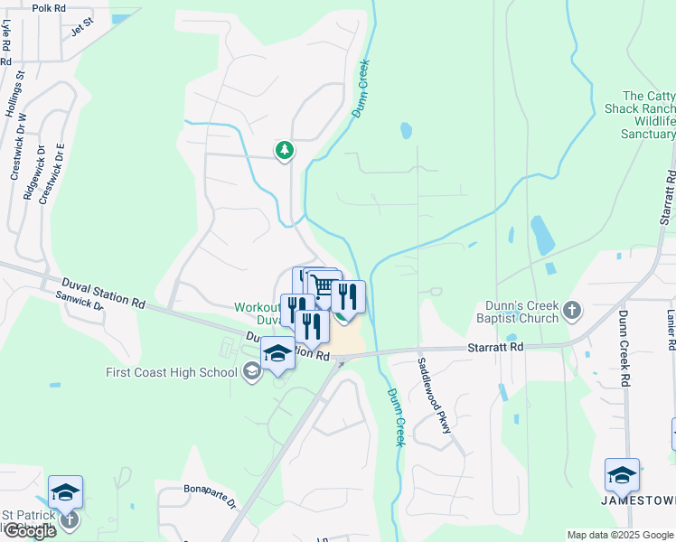 map of restaurants, bars, coffee shops, grocery stores, and more near 757 Indigo Run Drive in Jacksonville