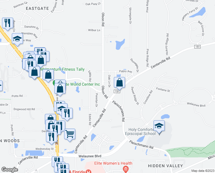 map of restaurants, bars, coffee shops, grocery stores, and more near 2626 Oak Lane Drive in Tallahassee