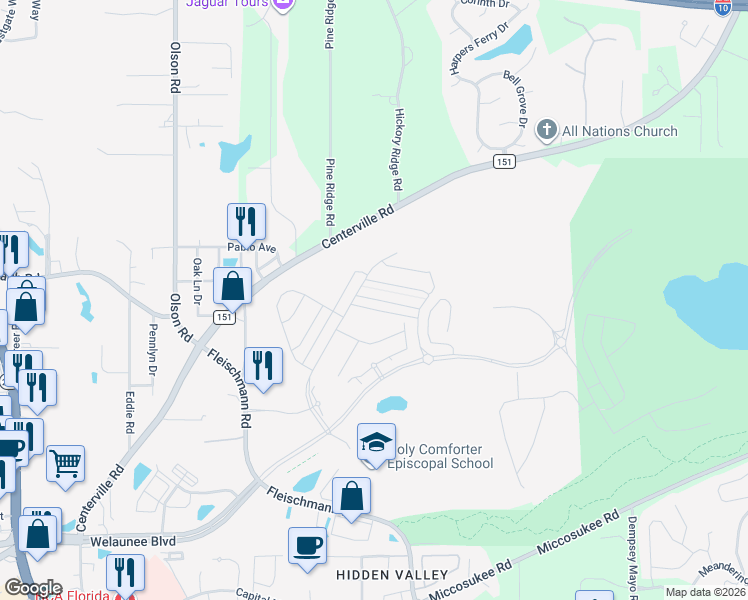 map of restaurants, bars, coffee shops, grocery stores, and more near 2801 Centerville Road in Tallahassee