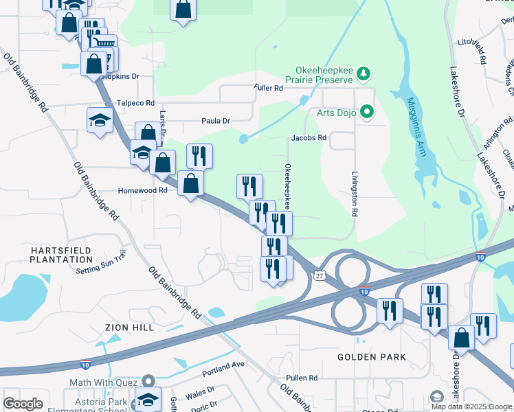 map of restaurants, bars, coffee shops, grocery stores, and more near 3217 North Monroe Street in Tallahassee