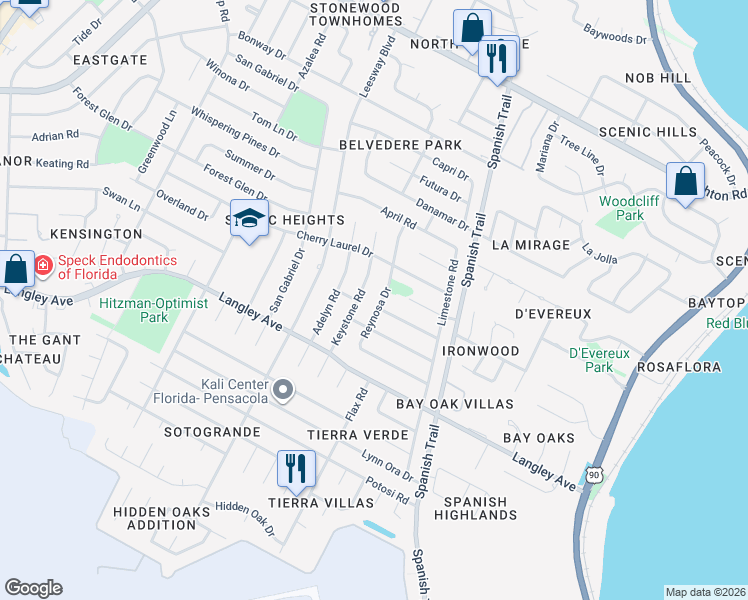 map of restaurants, bars, coffee shops, grocery stores, and more near in Pensacola