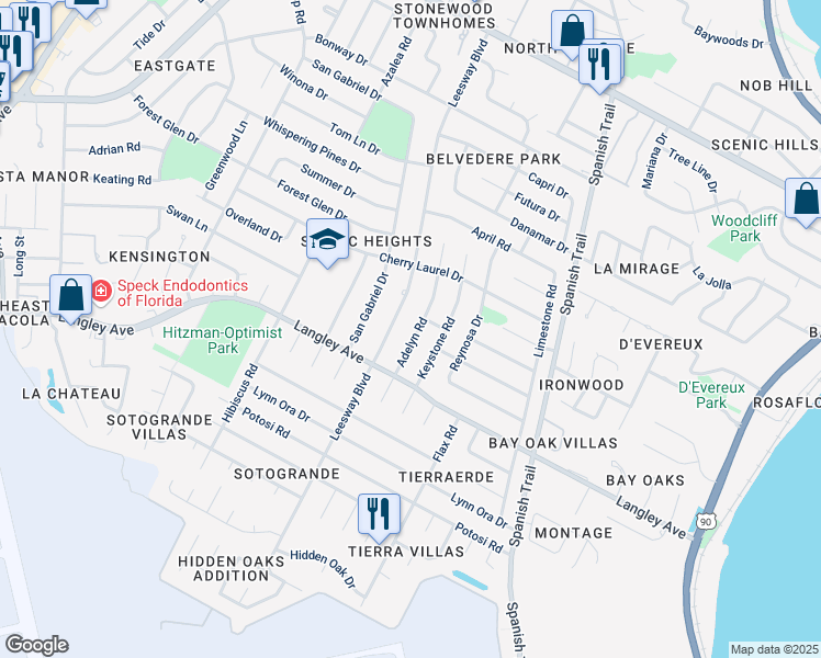 map of restaurants, bars, coffee shops, grocery stores, and more near 5795 Adelyn Road in Pensacola
