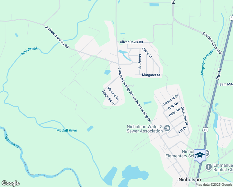 map of restaurants, bars, coffee shops, grocery stores, and more near 99 Vermillion Lane in Picayune