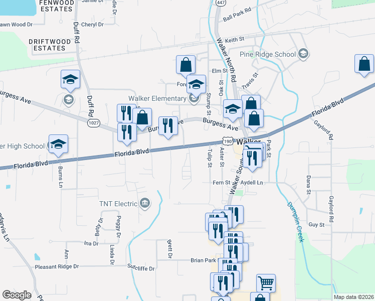 map of restaurants, bars, coffee shops, grocery stores, and more near 10300 Florida Boulevard in Walker