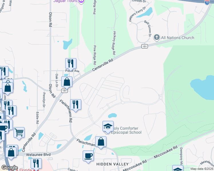 map of restaurants, bars, coffee shops, grocery stores, and more near 2801 Centerville Road in Tallahassee