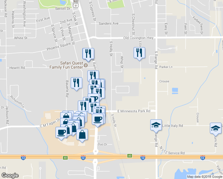 map of restaurants, bars, coffee shops, grocery stores, and more near 43170 South Holly Street in Hammond