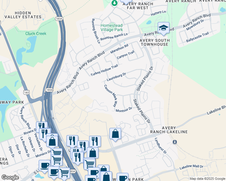 map of restaurants, bars, coffee shops, grocery stores, and more near 10613 Cannon Mark Way in Austin