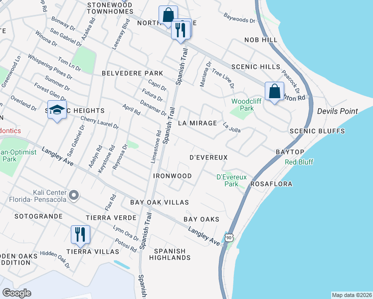 map of restaurants, bars, coffee shops, grocery stores, and more near 4359 Devereux Circle in Pensacola