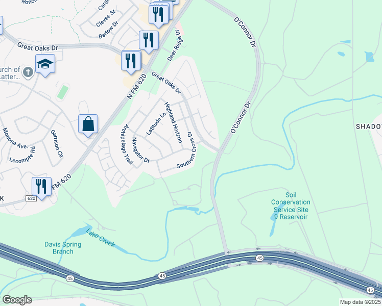 map of restaurants, bars, coffee shops, grocery stores, and more near 808 Navigator Drive in Austin