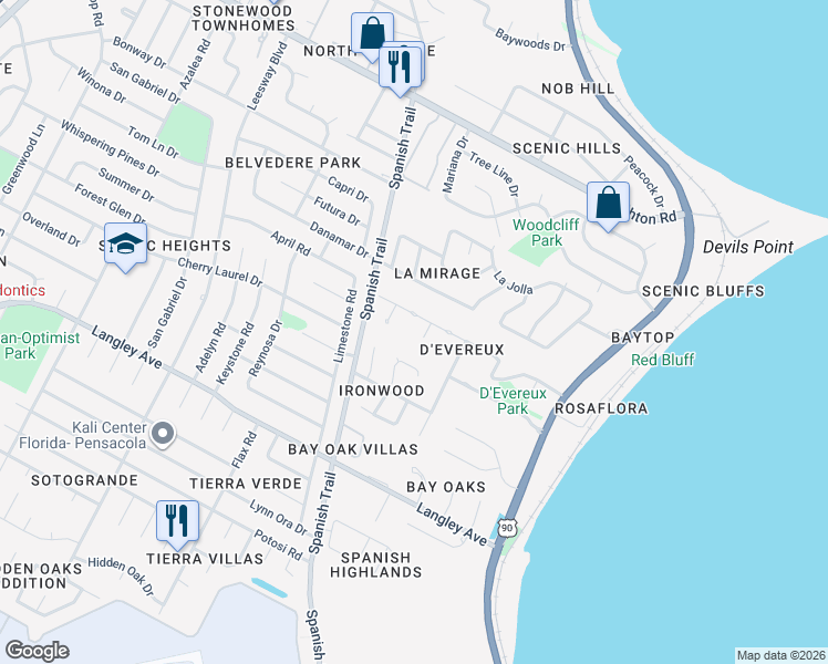 map of restaurants, bars, coffee shops, grocery stores, and more near 4359 Devereux Circle in Pensacola