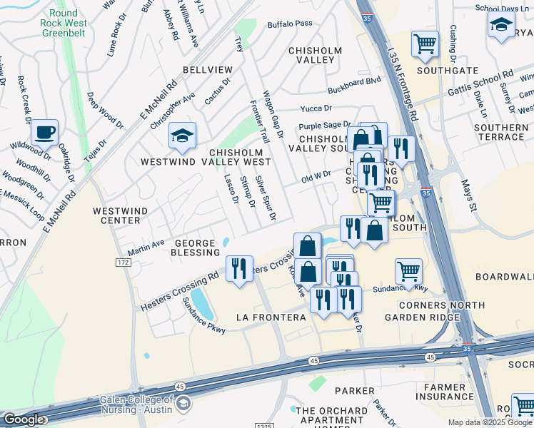 map of restaurants, bars, coffee shops, grocery stores, and more near 2400 Silver Spur Drive in Round Rock