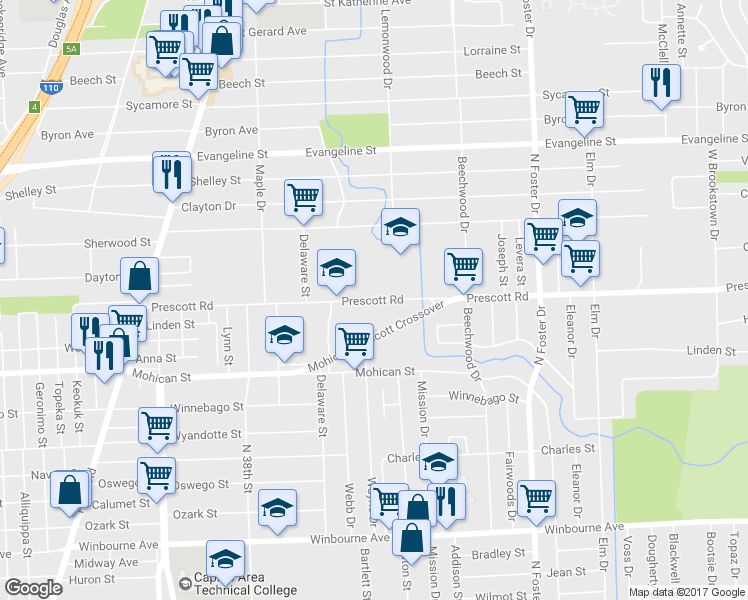 map of restaurants, bars, coffee shops, grocery stores, and more near 4220 Prescott Road in Baton Rouge