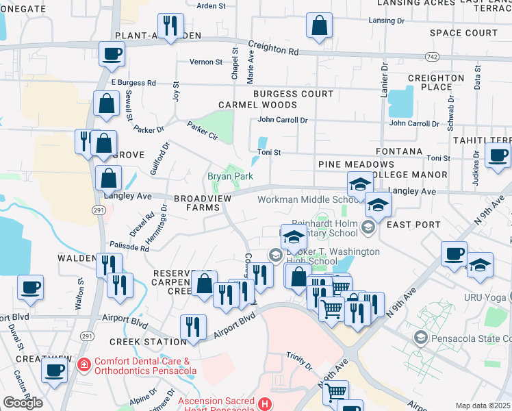 map of restaurants, bars, coffee shops, grocery stores, and more near 1205 Pinnacle Circle in Pensacola