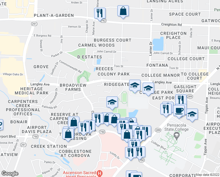 map of restaurants, bars, coffee shops, grocery stores, and more near 1345 Pinnacle Drive in Pensacola