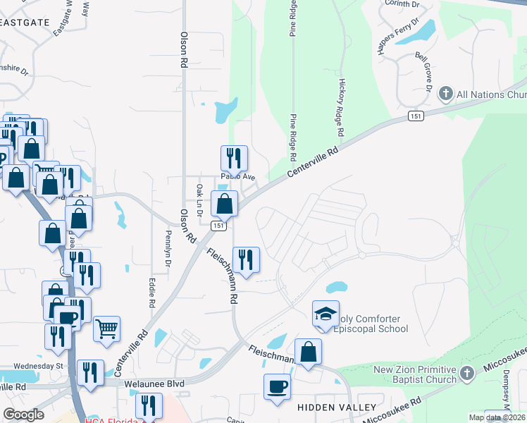 map of restaurants, bars, coffee shops, grocery stores, and more near 2817 Sweet Ridge Street in Tallahassee