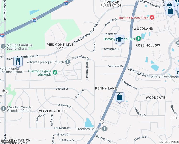 map of restaurants, bars, coffee shops, grocery stores, and more near 3014 Brookmont Drive in Tallahassee