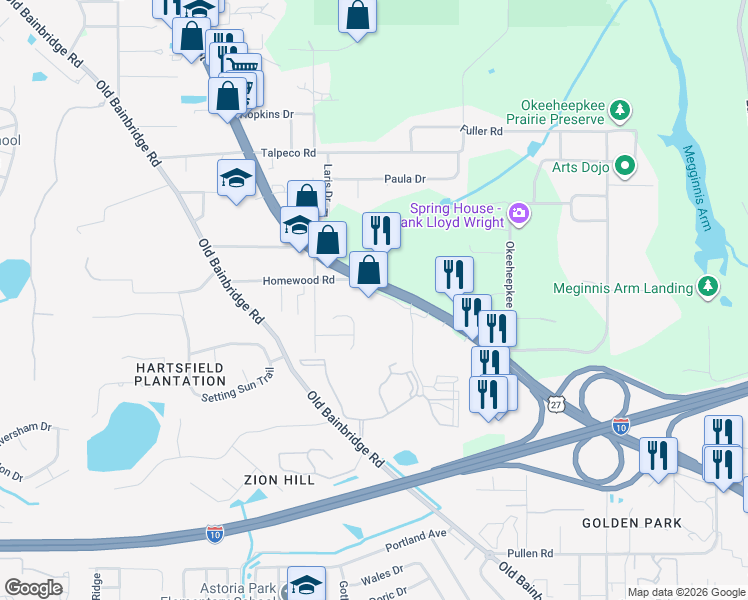 map of restaurants, bars, coffee shops, grocery stores, and more near in Tallahassee