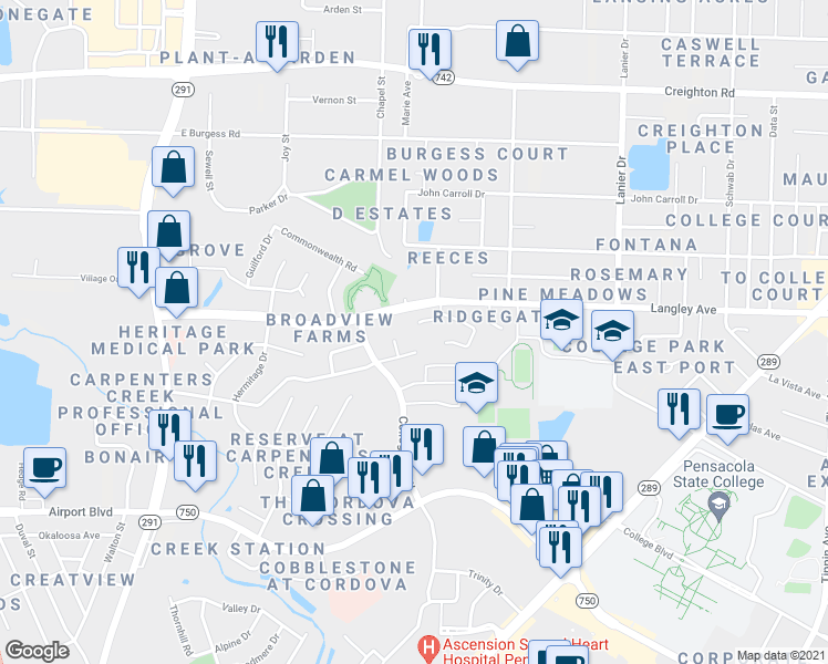 map of restaurants, bars, coffee shops, grocery stores, and more near 1205 Pinnacle Circle in Pensacola