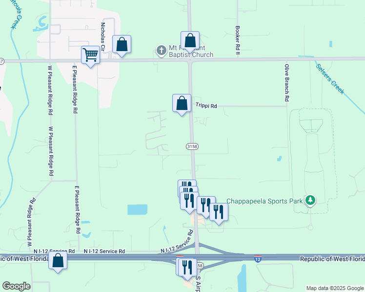 map of restaurants, bars, coffee shops, grocery stores, and more near 18325 Miller Lane in Hammond