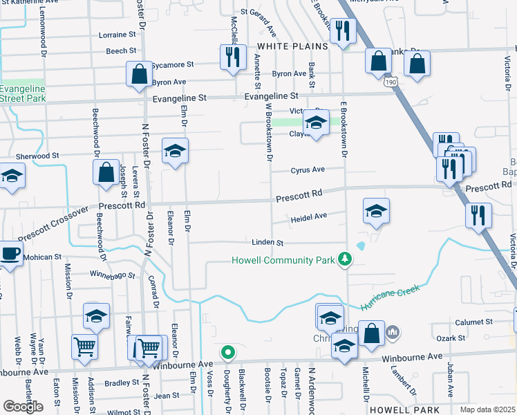 map of restaurants, bars, coffee shops, grocery stores, and more near 5610 Prescott Road in Baton Rouge
