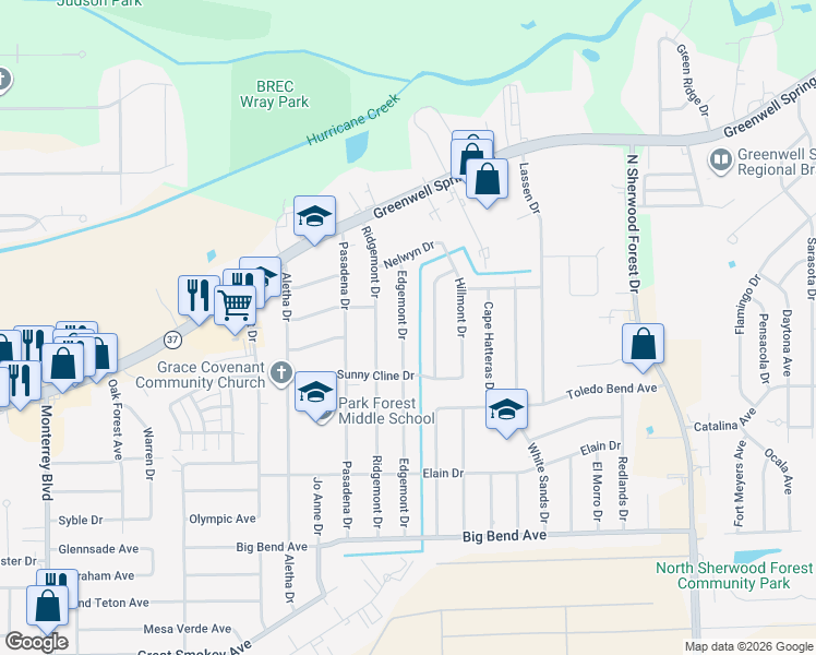 map of restaurants, bars, coffee shops, grocery stores, and more near 3932 Edgemont Drive in Baton Rouge