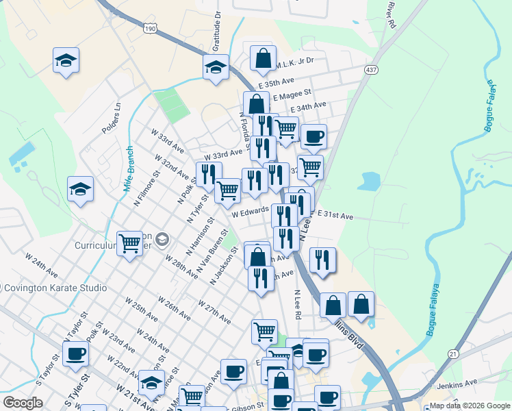 map of restaurants, bars, coffee shops, grocery stores, and more near 1115 North Florida Street in Covington