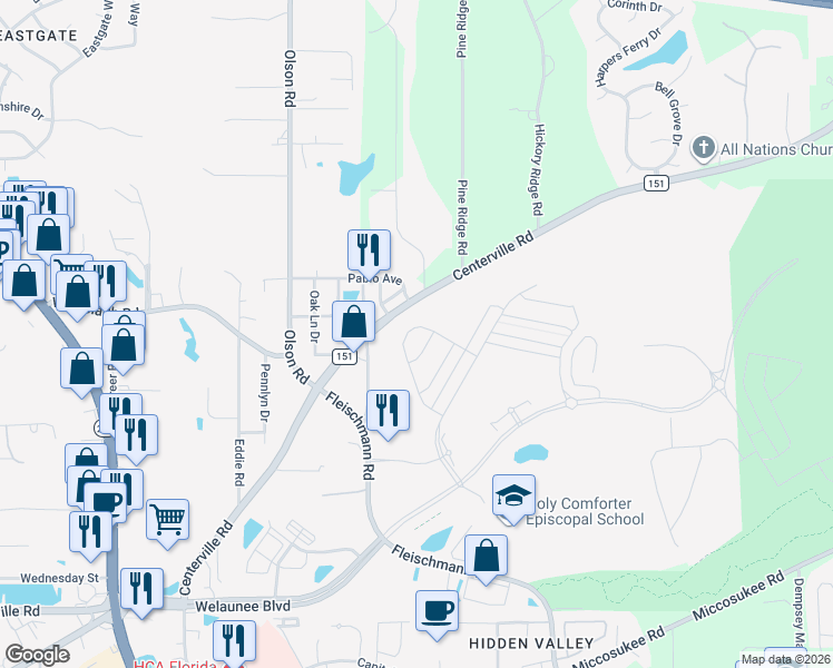map of restaurants, bars, coffee shops, grocery stores, and more near 2817 Sweet Ridge Street in Tallahassee