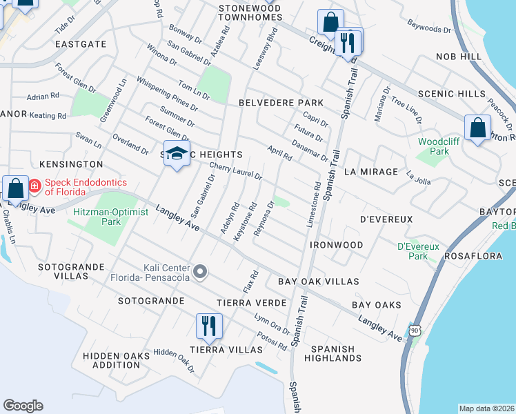 map of restaurants, bars, coffee shops, grocery stores, and more near 5830 Keystone Road in Pensacola