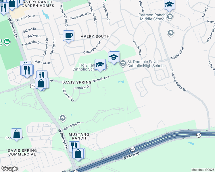 map of restaurants, bars, coffee shops, grocery stores, and more near 14900 Solera Drive in Austin