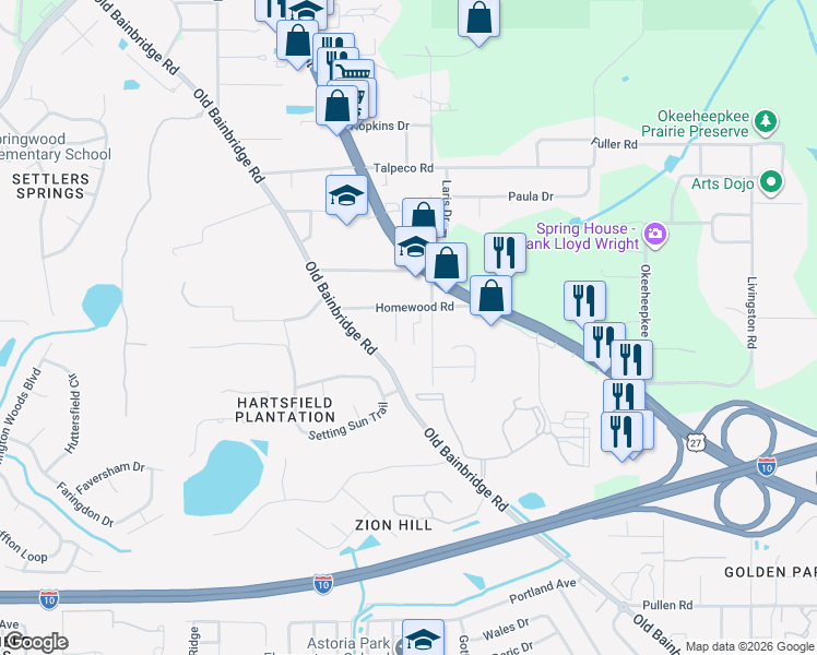 map of restaurants, bars, coffee shops, grocery stores, and more near 3028 Homewood Place in Tallahassee