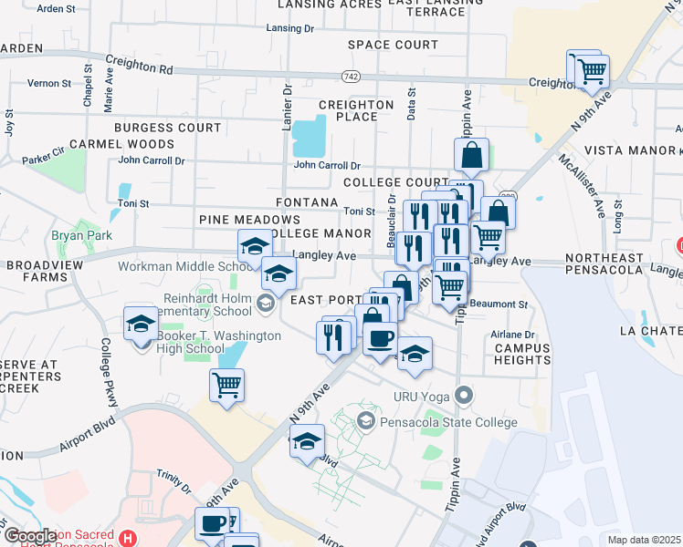 map of restaurants, bars, coffee shops, grocery stores, and more near 1877 Loyola Street in Pensacola