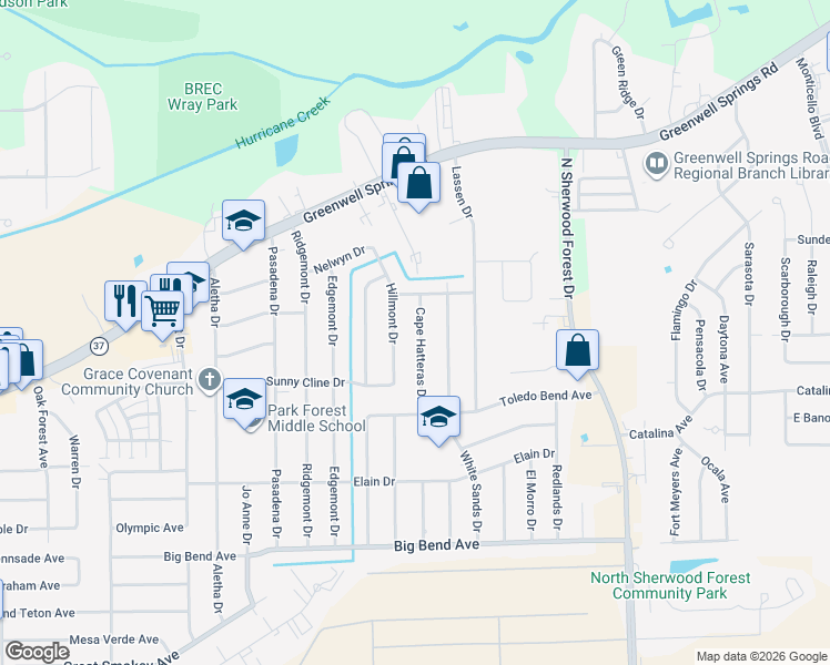 map of restaurants, bars, coffee shops, grocery stores, and more near 4045 Cape Hatteras Drive in Baton Rouge
