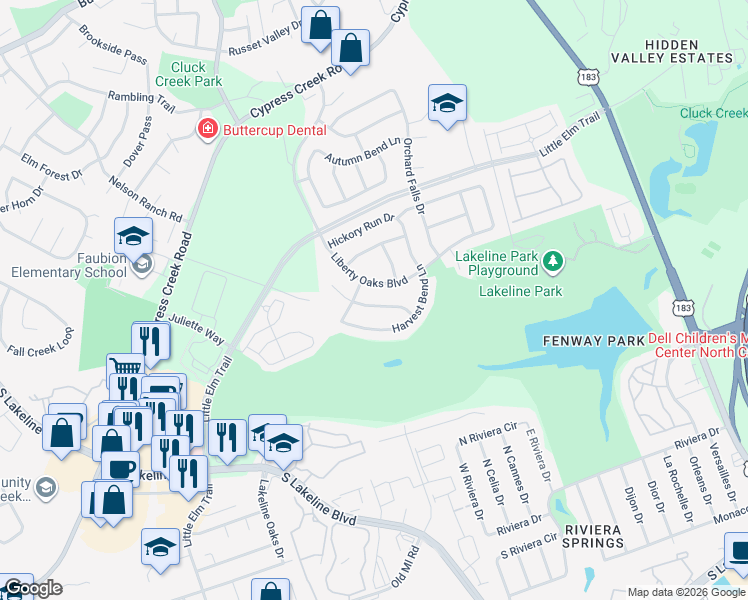 map of restaurants, bars, coffee shops, grocery stores, and more near 603 Rolling Brook Lane in Cedar Park