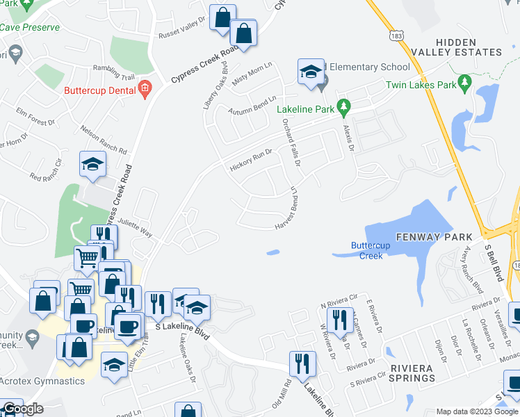 map of restaurants, bars, coffee shops, grocery stores, and more near 603 Rolling Brook Lane in Cedar Park