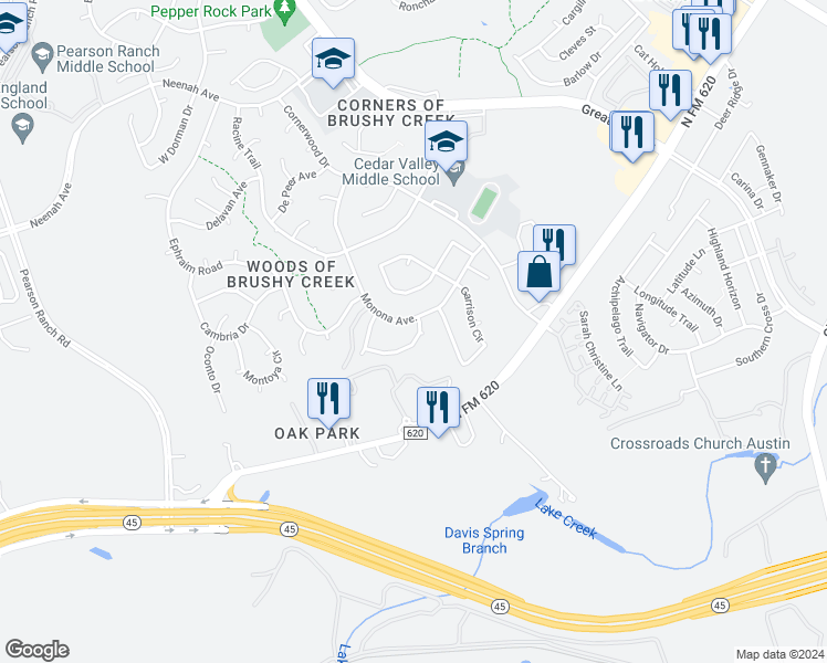 map of restaurants, bars, coffee shops, grocery stores, and more near 7802 Lecompte Road in Austin