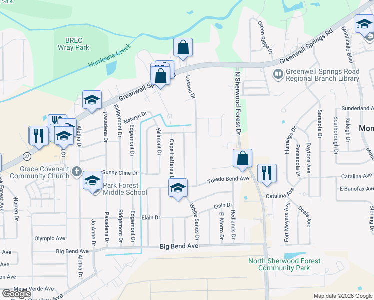 map of restaurants, bars, coffee shops, grocery stores, and more near 4034 White Sands Drive in Baton Rouge