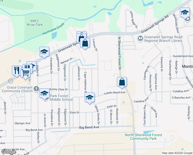 map of restaurants, bars, coffee shops, grocery stores, and more near 4034 White Sands Drive in Baton Rouge